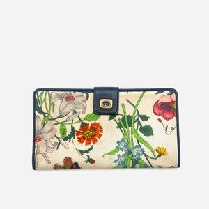 Authentic Vintage GUCCI GG White Floral Canvas x Blue Leather Long Wallet